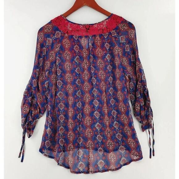 Lucky Brand Peasant Top Womens Medium Blue Sheer Lace Crochet Boho Vibe - Picture 3 of 13
